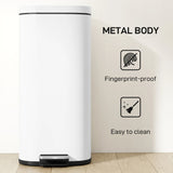 HOMCOM 30L Kitchen Bin, Compact Pedal Bin with Soft-Close and Stay-Open Lid, Removable Bucket for Kitchen, Home, Office, White