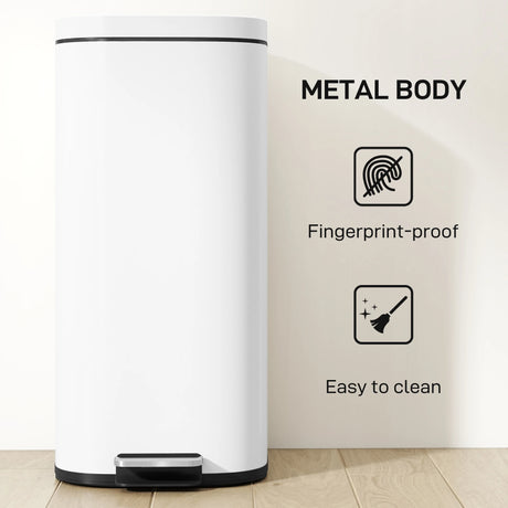 HOMCOM 30L Kitchen Bin, Compact Pedal Bin with Soft-Close and Stay-Open Lid, Removable Bucket for Kitchen, Home, Office, White