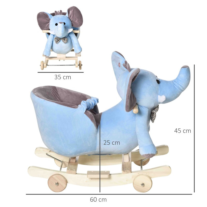 HOMCOM 2 In 1 Plush Baby Ride on Rocking Horse Elephant Rocker with Wheels Wooden Toy for Kids 32 Songs for 18+ Months (Blue)