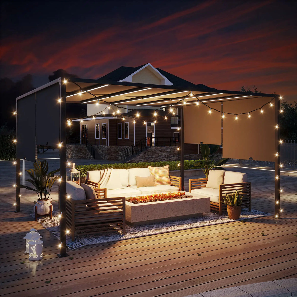 Outsunny 3(m) x 4m Metal Pergola with LED Lights, Outdoor Garden Pergola with Sliding Roof, Solar Powered, for BBQ, Lawn, Dark Grey