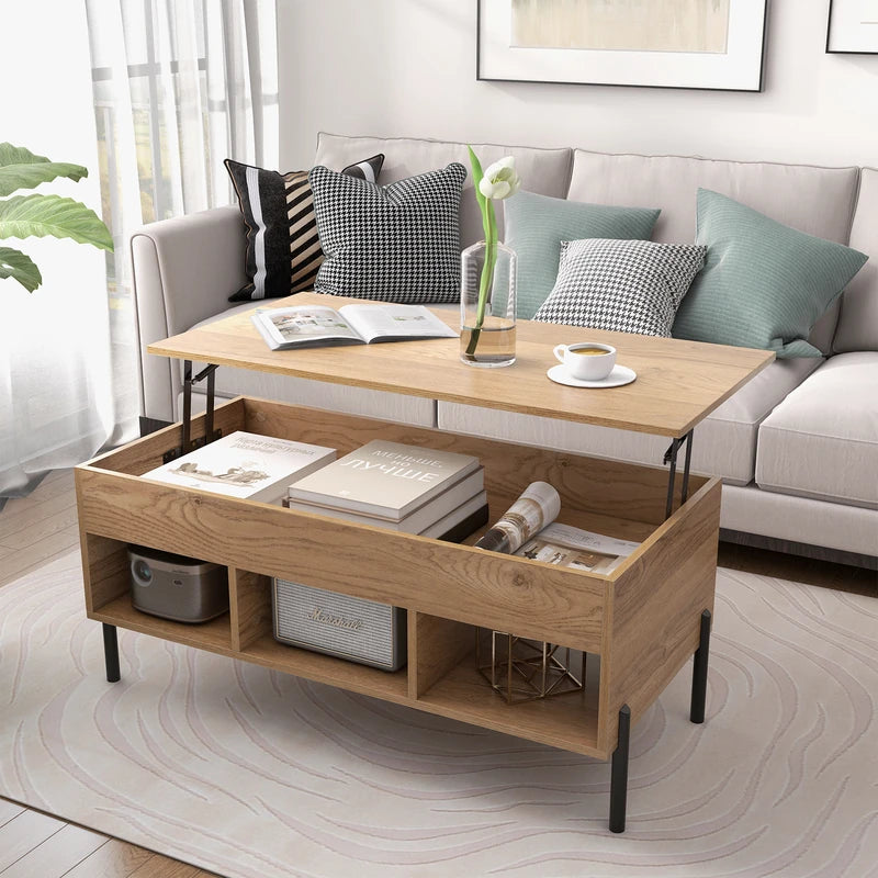 Living Room Central Table with Lifting Tabletop and Metal Legs-Natural