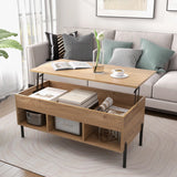 Living Room Central Table with Lifting Tabletop and Metal Legs-Natural