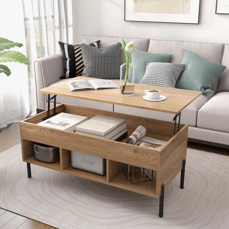 Living Room Central Table with Lifting Tabletop and Metal Legs-Natural