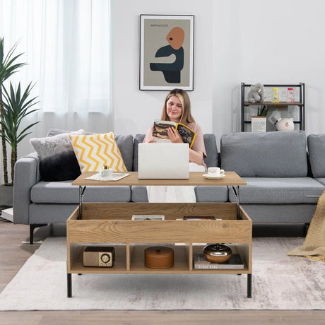 Living Room Central Table with Lifting Tabletop and Metal Legs-Natural