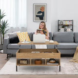 Living Room Central Table with Lifting Tabletop and Metal Legs-Natural