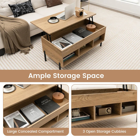 Living Room Central Table with Lifting Tabletop and Metal Legs-Natural