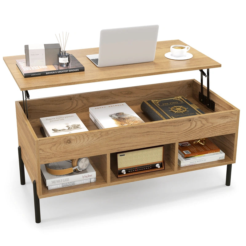 Living Room Central Table with Lifting Tabletop and Metal Legs-Natural