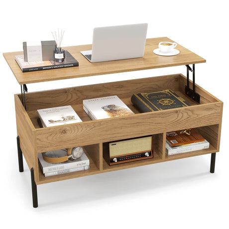 Living Room Central Table with Lifting Tabletop and Metal Legs-Natural