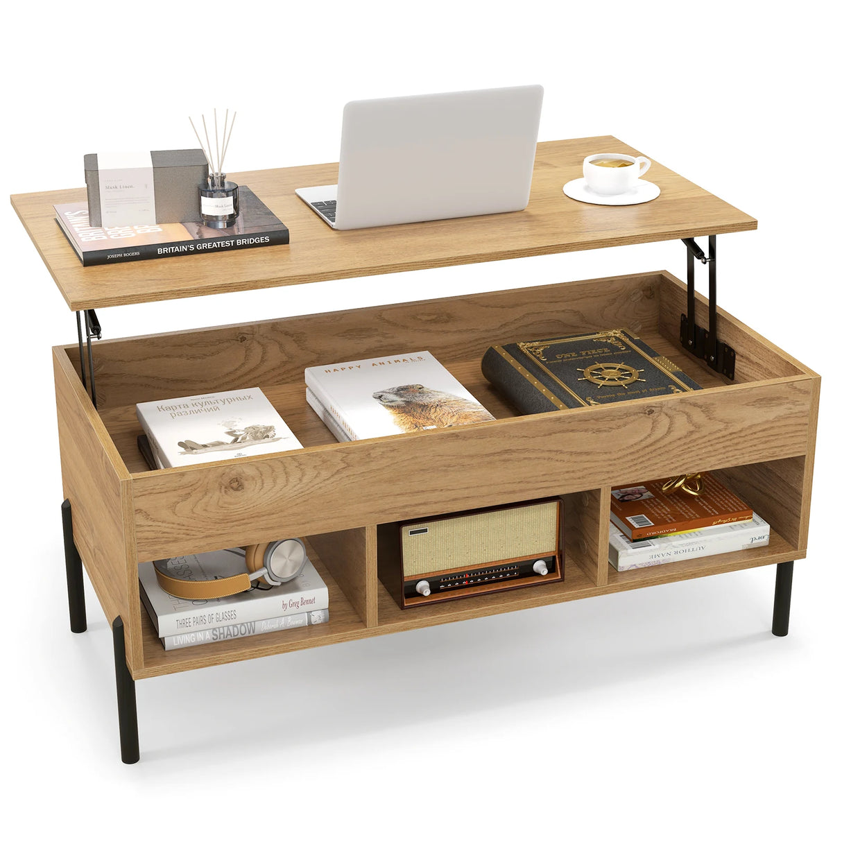Living Room Central Table with Lifting Tabletop and Metal Legs-Natural