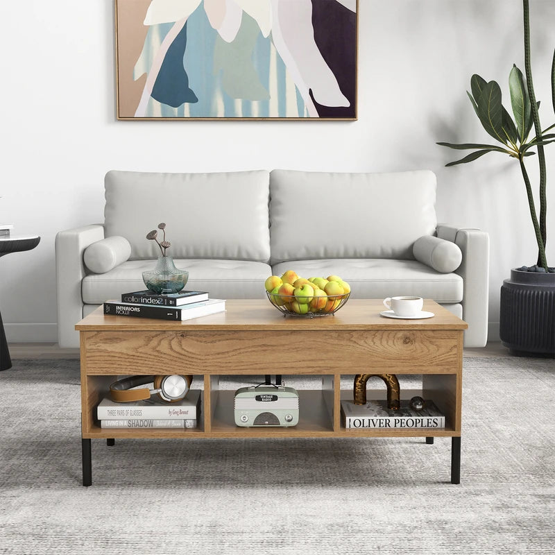 Living Room Central Table with Lifting Tabletop and Metal Legs-Natural