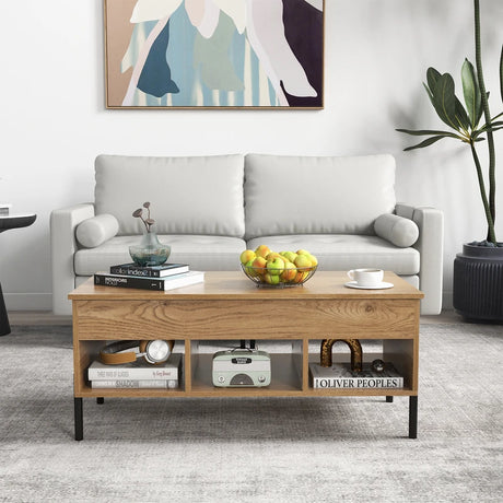 Living Room Central Table with Lifting Tabletop and Metal Legs-Natural
