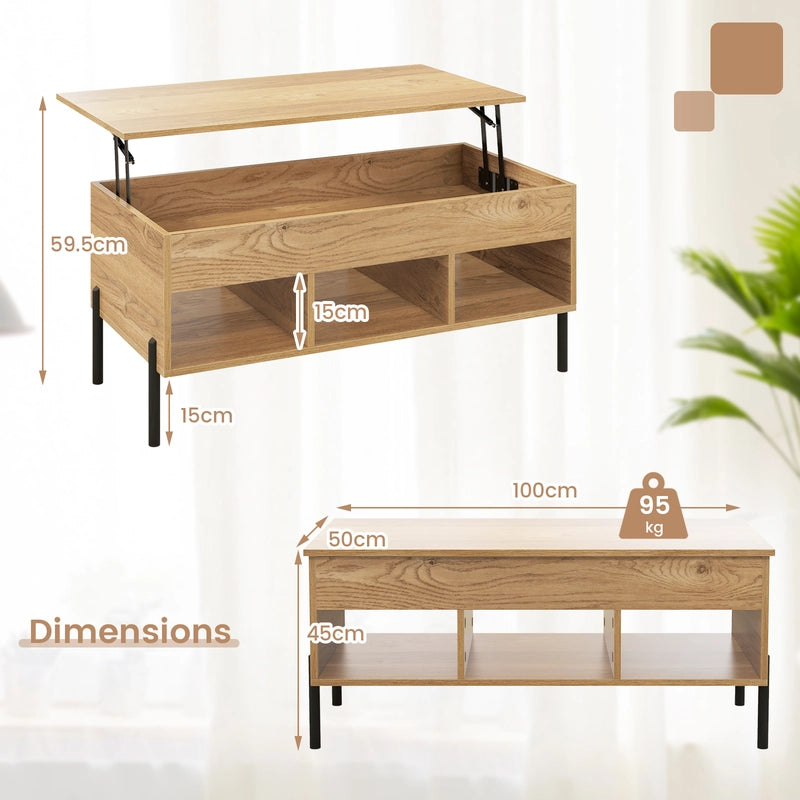 Living Room Central Table with Lifting Tabletop and Metal Legs-Natural