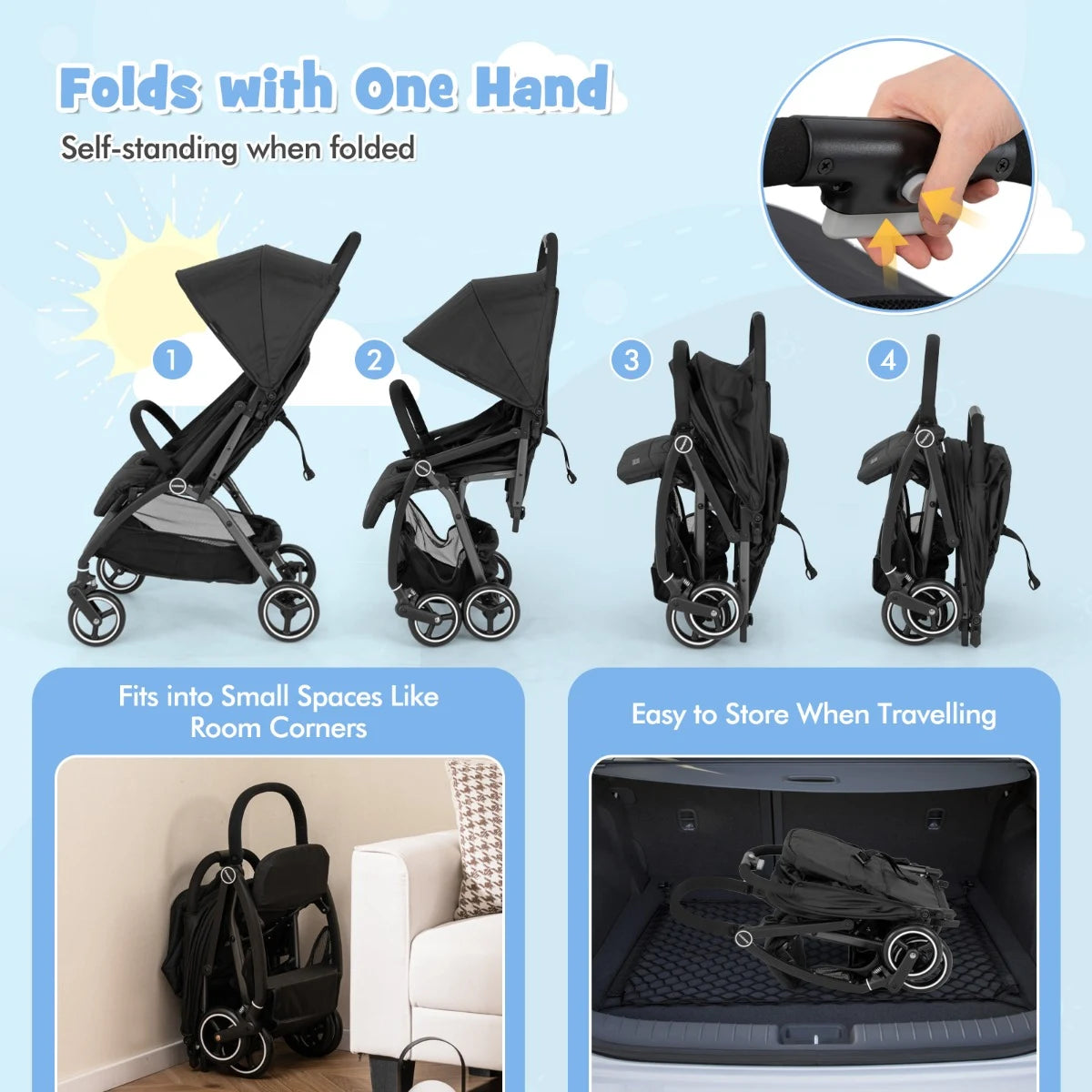 Lightweight Foldable Baby Stroller with Adjustable Backrest and Canopy-Black