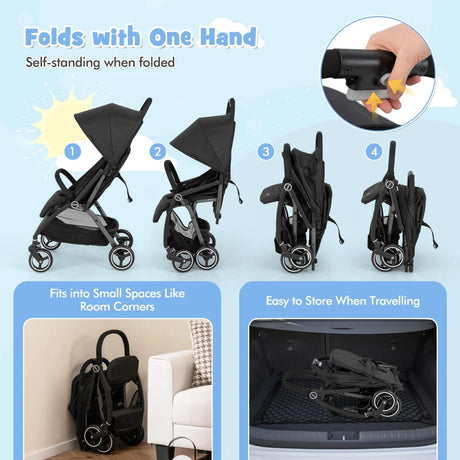 Lightweight Foldable Baby Stroller with Adjustable Backrest and Canopy-Black