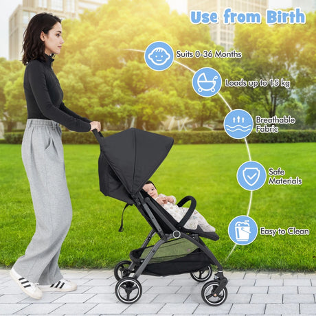 Lightweight Foldable Baby Stroller with Adjustable Backrest and Canopy-Black