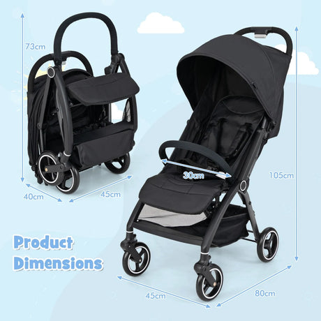 Lightweight Foldable Baby Stroller with Adjustable Backrest and Canopy-Black