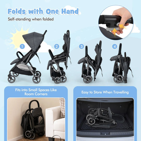 Lightweight Foldable Baby Stroller with Adjustable Backrest and Canopy-Grey
