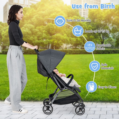 Lightweight Foldable Baby Stroller with Adjustable Backrest and Canopy-Grey