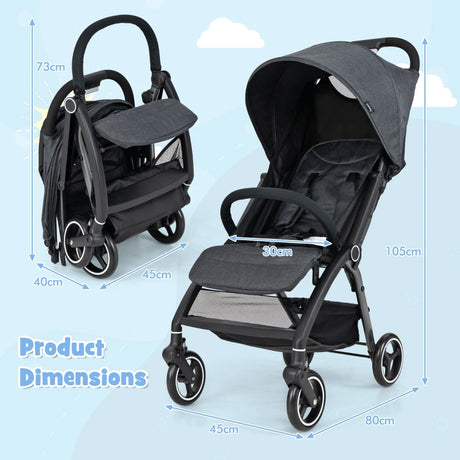 Lightweight Foldable Baby Stroller with Adjustable Backrest and Canopy-Grey
