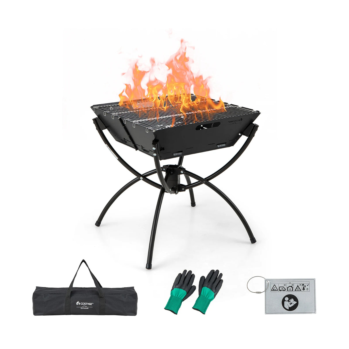 3-in-1 Camping Campfire Grill with Stainless Steel Grills Carrying Bag & Gloves-Black