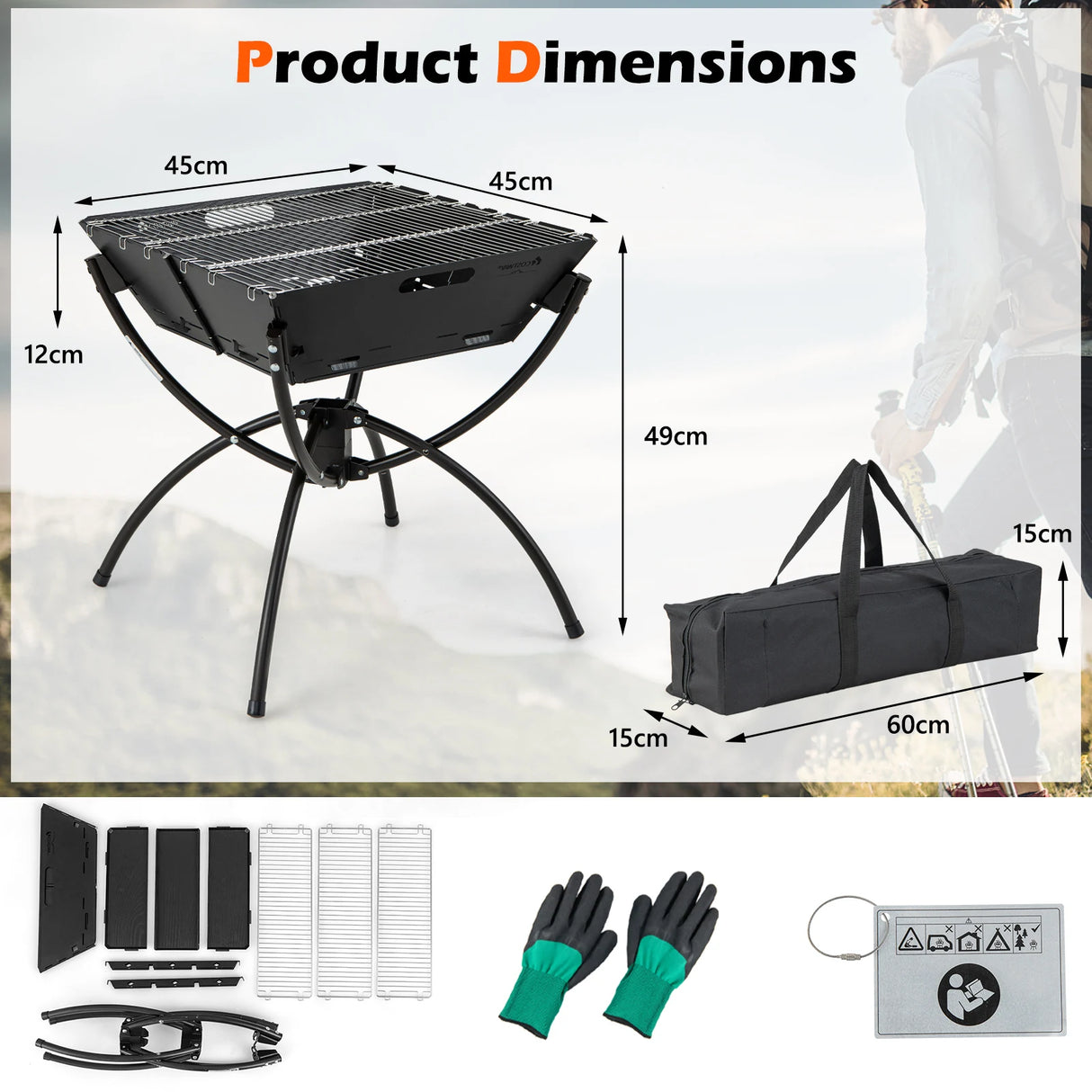3-in-1 Camping Campfire Grill with Stainless Steel Grills Carrying Bag & Gloves-Black