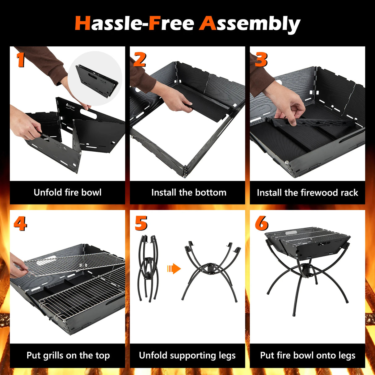 3-in-1 Camping Campfire Grill with Stainless Steel Grills Carrying Bag & Gloves-Black
