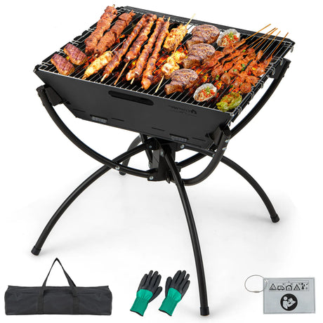 3-in-1 Camping Campfire Grill with Stainless Steel Grills Carrying Bag & Gloves-Black
