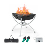 3-in-1 Camping Campfire Grill with Stainless Steel Grills Carrying Bag & Gloves-Silver