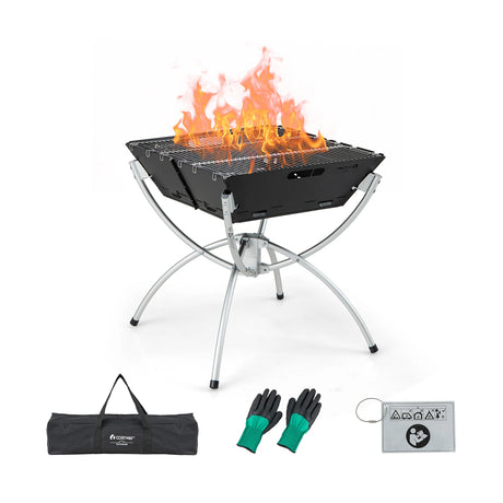 3-in-1 Camping Campfire Grill with Stainless Steel Grills Carrying Bag & Gloves-Silver