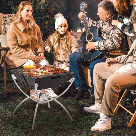 3-in-1 Camping Campfire Grill with Stainless Steel Grills Carrying Bag & Gloves-Silver