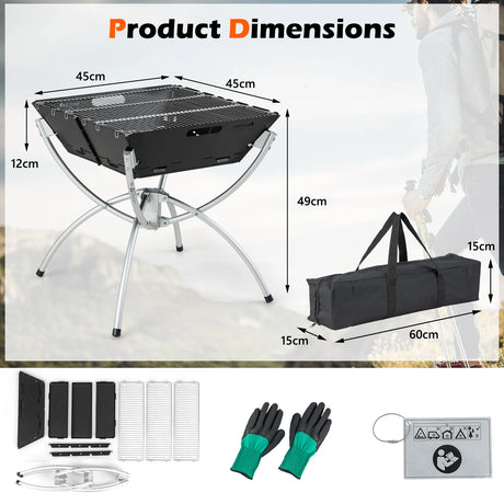 3-in-1 Camping Campfire Grill with Stainless Steel Grills Carrying Bag & Gloves-Silver