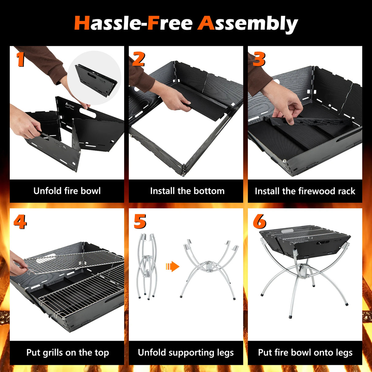 3-in-1 Camping Campfire Grill with Stainless Steel Grills Carrying Bag & Gloves-Silver