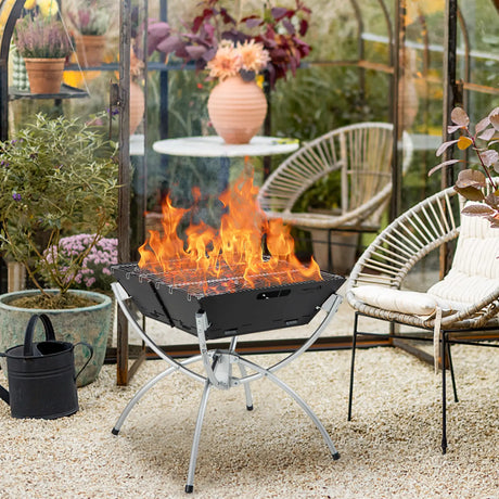 3-in-1 Camping Campfire Grill with Stainless Steel Grills Carrying Bag & Gloves-Silver