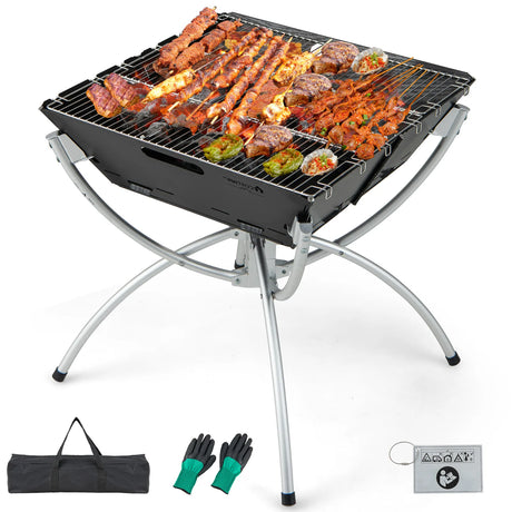 3-in-1 Camping Campfire Grill with Stainless Steel Grills Carrying Bag & Gloves-Silver