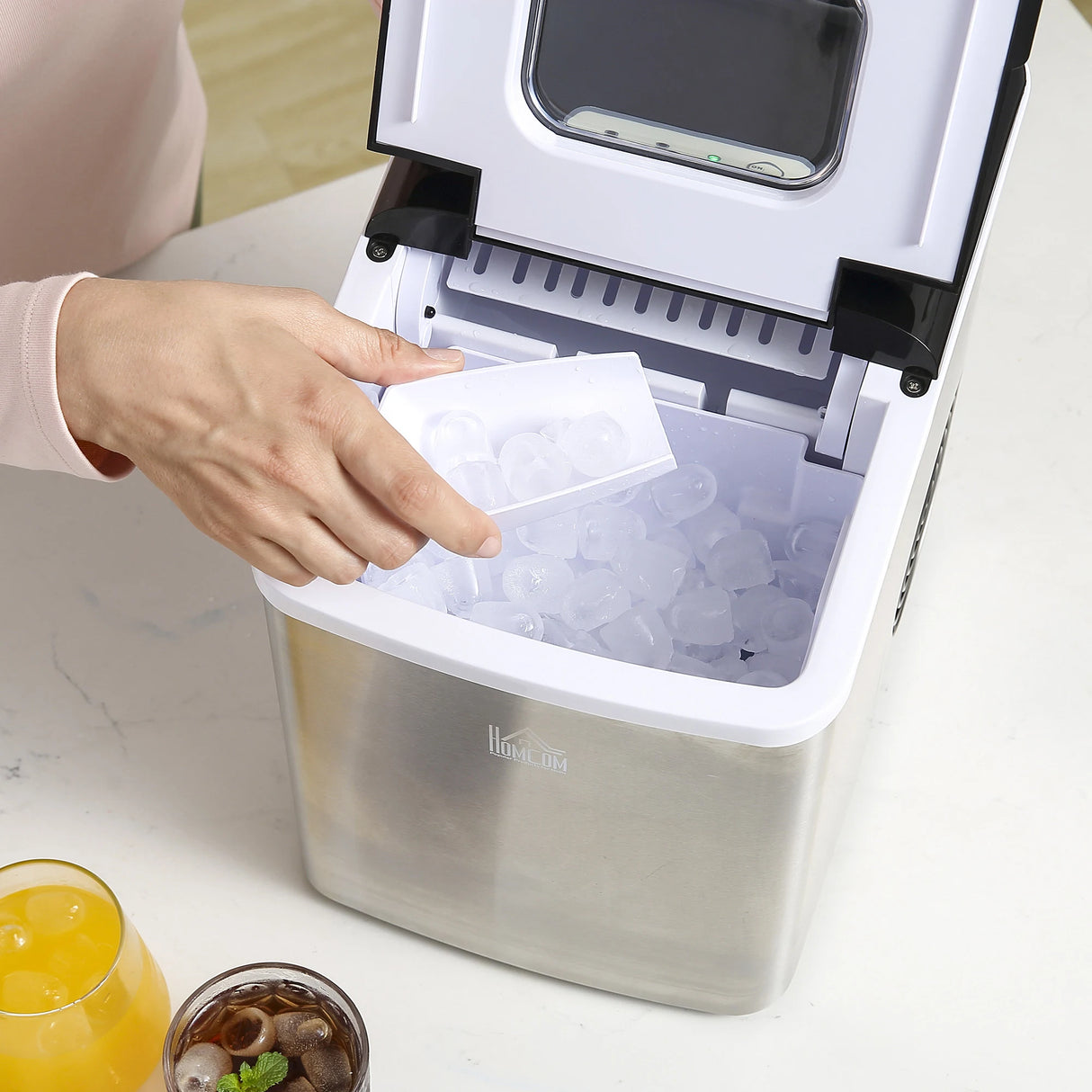 HOMCOM Ice Maker Machine Countertop, 9 Ice Cubes in 8 Mins, 12KG in 24Hrs, Self-Cleaning Portable Ice Cube Maker w/ Adjustable Ice Size, Ice Scoop, Basket, Stainless Steel, No Plumbing Required, Black