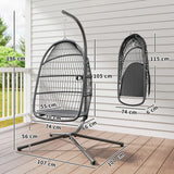 Outsunny Rattan Hanging Egg Chair with Stand, Foldable Wicker Swing Egg Chair with Cushion, Head Pillow, Steel Frame, Hammock Chair for Indoor Outdoor, Capacity 150 kg, Dark Grey