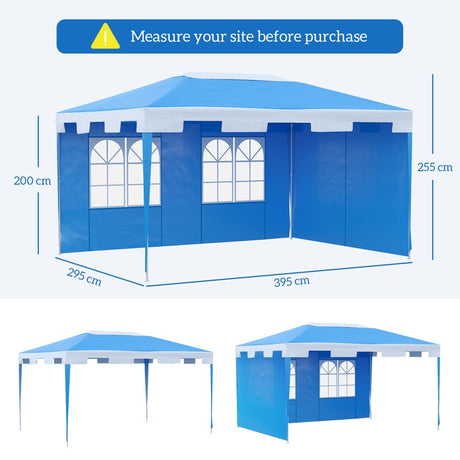 Outsunny 3 x 4 m Garden Gazebo Shelter Marquee Party Tent with 2 Sidewalls for Patio Yard Outdoor, Blue