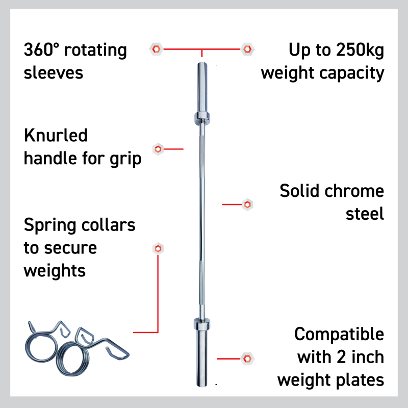 Body Revolution Olympic Barbell Bar - 250KG Weight Capacity, Rotating Sleeves, Knurled Grip, Compatible with 2 Inch Plates, Available in Multiple Sizes.  6ft