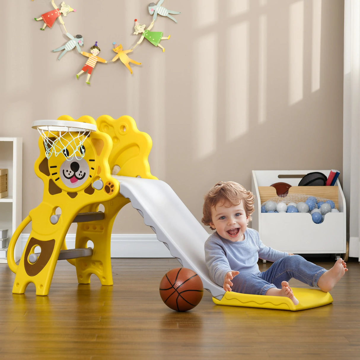 AIYAPLAY Baby Slide with Basketball Hoop, Climber, Easy to Assemble Kids Slide for Indoor Use, for Ages 18-36 Months - Yellow