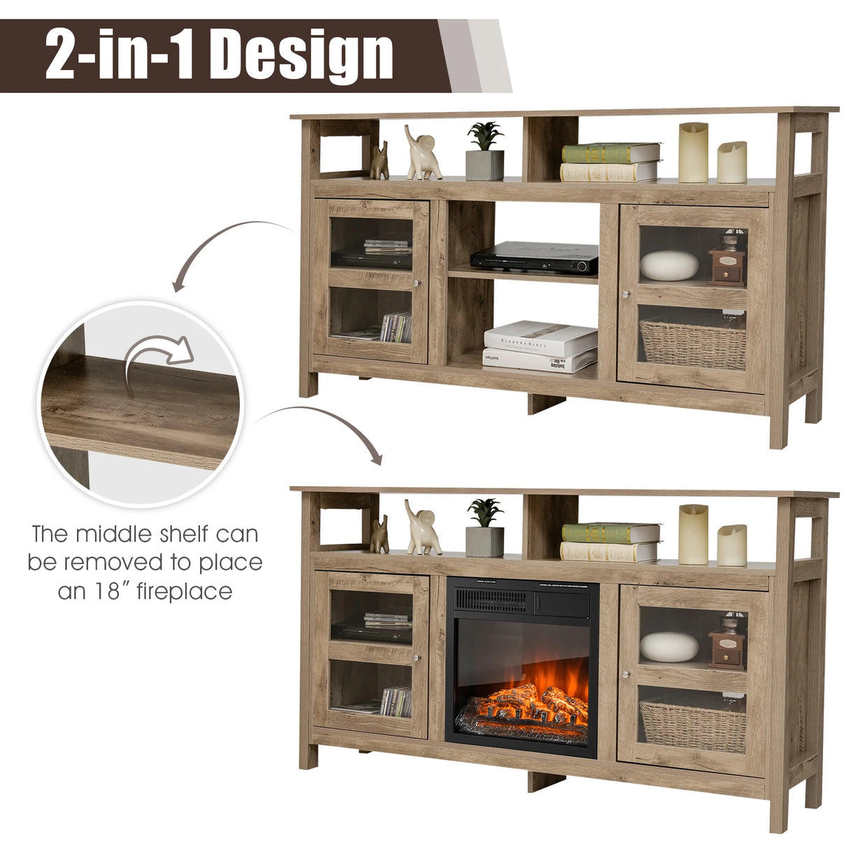 58 Inch TV Stand Entertainment Console Center with 2 Cabinets-Natural