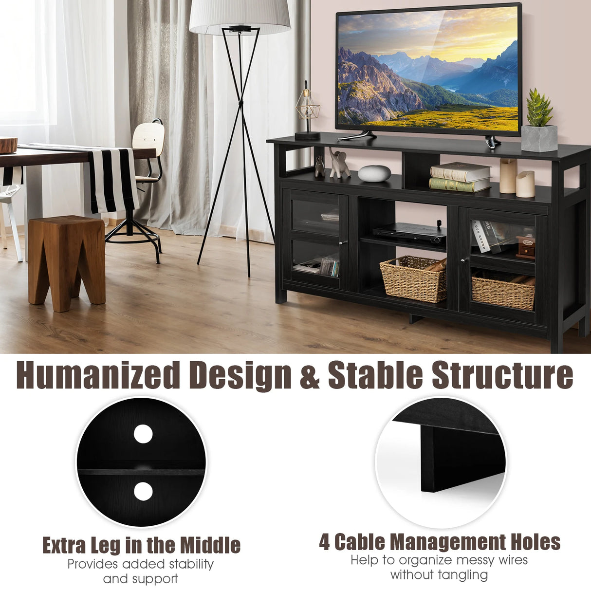 58 Inch TV Stand Entertainment Console Center with 2 Cabinets-Black