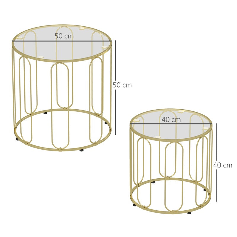 HOMCOM Round Coffee Table Set of 2, Glass Nest of Tables with Metal Frame and Tempered Glass Tabletop, Modern Side Tables for Living Room, Gold Tone