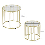 HOMCOM Round Coffee Table Set of 2, Glass Nest of Tables with Metal Frame and Tempered Glass Tabletop, Modern Side Tables for Living Room, Gold Tone