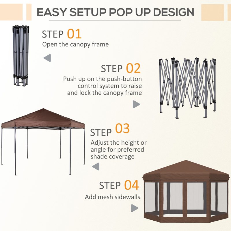 Outsunny 3.5m x 4m Hexagonal Pop Up Gazebo, Canopy Tent Sun Shelter for Patio Outdoor Party, Height Adjustable, with Mosquito Netting and Carry Bag - Brown