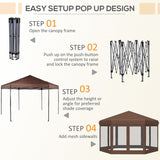 Outsunny 3.5m x 4m Hexagonal Pop Up Gazebo, Canopy Tent Sun Shelter for Patio Outdoor Party, Height Adjustable, with Mosquito Netting and Carry Bag - Brown