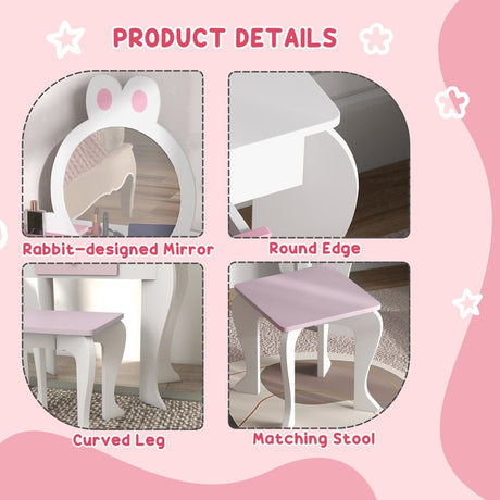 ZONEKIZ Bunny-Design Kids Dressing Table, with Mirror and Stool - White and Pink