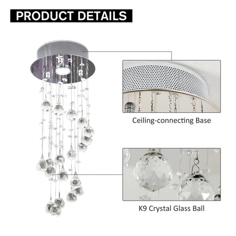 HOMCOM Metal Crystal Ceiling Light Chandelier Elegant Pendant Lamp Living Room Stairway Stairway Spiral Rain Drop Pendant Lamp Silver