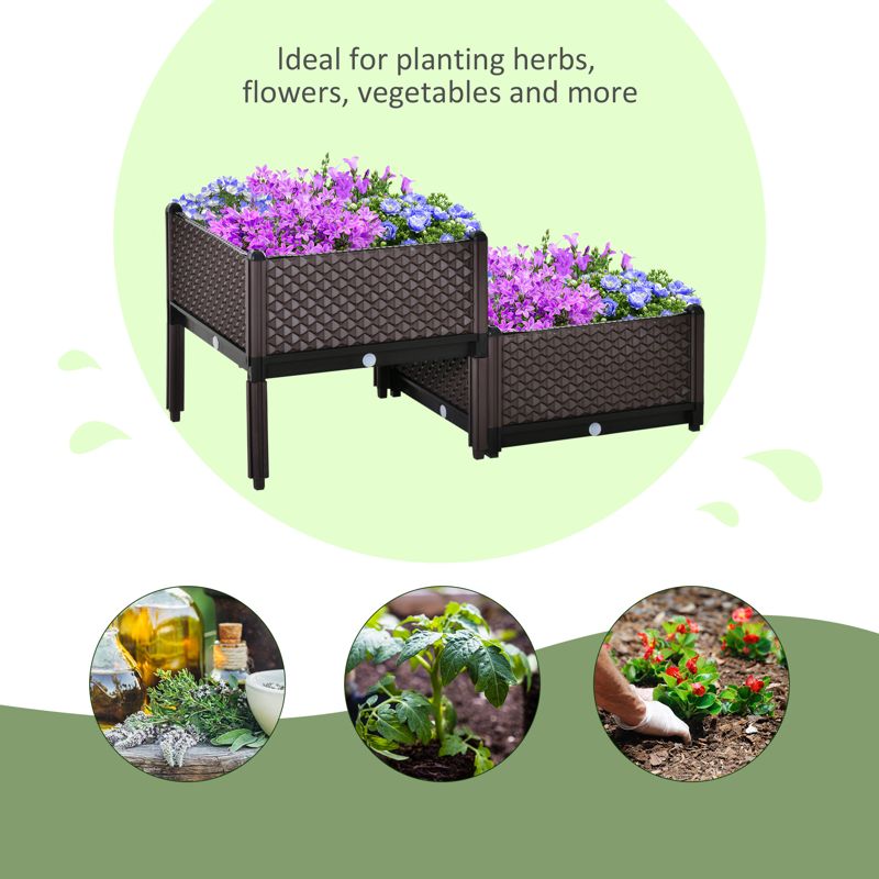 Outsunny 50cm x 50cm x 46.5cm Set of 2 41L Plastic Raised Garden Bed, Planter Box, Flower Vegetables Planting Container with Self-Watering Design and Drainage Holes for Patio Balcony