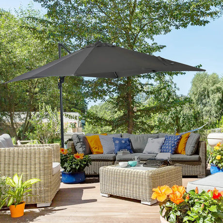 Outsunny 2.5 x 2.5m Patio Offset Parasol Umbrella Cantilever Hanging Aluminium Sun Shade Canopy Shelter 360 Rotation with Crank Handle and Cross Base, Grey