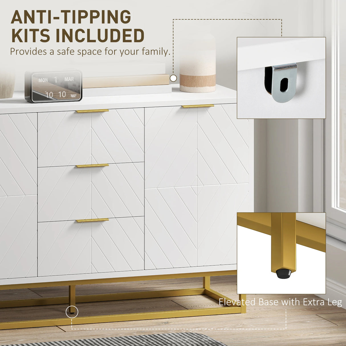 HOMCOM Sideboard with 3 Drawers and Adjustable Shelves for Living Room - White